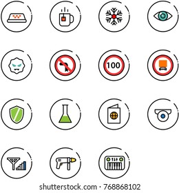 line vector icon set - taxi vector, tea, snowflake, eye, virus, no left turn road sign, speed limit 100, dangerous cargo, shield, flask, passport, surveillance camera, fine signal, drill machine