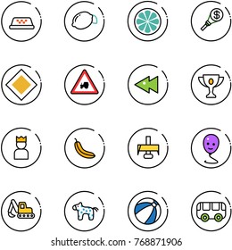 line vector icon set - taxi vector, lemon, slice, money torch, main road sign, tractor way, fast backward, gold cup, king, banana, milling cutter, balloon smile, excavator toy, horse, beach ball