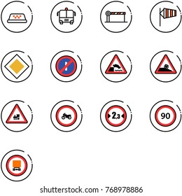 line vector icon set - taxi vector, airport bus, barrier, side wind, main road sign, no parkin odd, embankment, steep roadside, railway intersection, moto, limited width, speed limit 90