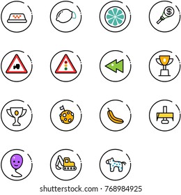 line vector icon set - taxi vector, lemon, slice, money torch, tractor way road sign, traffic light, fast backward, win cup, gold, moon flag, banana, milling cutter, balloon smile, excavator toy