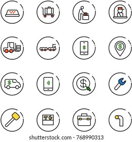 line vector icon set - taxi vector, baggage, baby room, officer window, fork loader, truck, mobile payment, dollar pin, encashment car, money click, wrench, rubber hammer, tool box, allen key