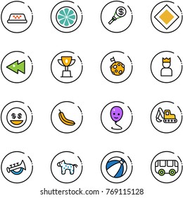 line vector icon set - taxi vector, lemon slice, money torch, main road sign, fast backward, win cup, moon flag, king, smile, banana, balloon, excavator toy, horn, horse, beach ball, bus