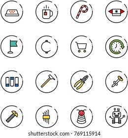 line vector icon set - taxi vector, tea, lollipop, candy, flag, cent, cart, clock around, battery, mason hammer, pliers, nail dowel, screw, allen key set, pyramid toy, robot