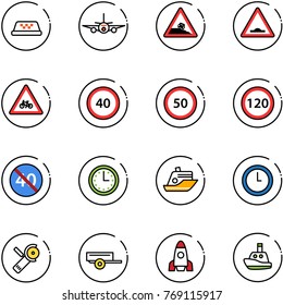line vector icon set - taxi vector, plane, steep roadside road sign, artificial unevenness, for moto, speed limit 40, 50, 120, end minimal, time, cruiser, clock, Angular grinder, trailer, rocket