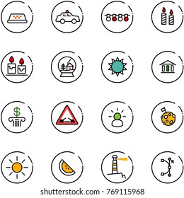 line vector icon set - taxi vector, safety car, garland, candle, snowball house, sun, bank, drawbridge road sign, idea, moon flag, watermelone, lighthouse, bezier