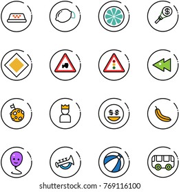 line vector icon set - taxi vector, lemon, slice, money torch, main road sign, tractor way, traffic light, fast backward, moon flag, king, smile, banana, balloon, horn toy, beach ball, bus