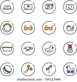 line vector icon set - taxi vector, credit card, exchange, refresh, sunglasses, bucket scoop, basin, pipe welding, duck toy, pyramid, ball, hammer, windmill