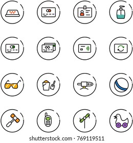 line vector icon set - taxi vector, credit card, identity, liquid soap, tap pay, exchange, sunglasses, bucket scoop, pipe welding, ball, toy hammer, phone, windmill, duck