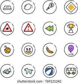 line vector icon set - taxi vector, lemon, money torch, main road sign, tractor way, traffic light, fast backward, win cup, moon flag, smile, banana, balloon, horn toy, horse, beach ball, bus
