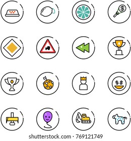 line vector icon set - taxi vector, lemon, slice, money torch, main road sign, tractor way, fast backward, win cup, gold, moon flag, king, smile, milling cutter, balloon, excavator toy, horse