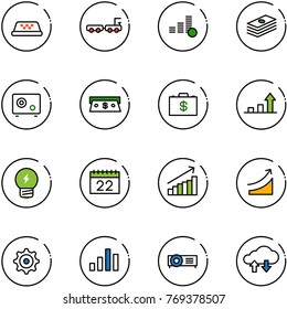 line vector icon set - taxi vector, baggage truck, coin, dollar, safe, cash, money case, growth arrow, idea, calendar, rise, gear, chart, projector, cloud exchange data
