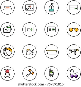 line vector icon set - taxi vector, credit card, liquid soap, tap pay, sunglasses, ball, bucket scoop, basin, drill machine, pyramid toy, hammer, phone, duck