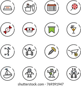 line vector icon set - taxi vector, passport control, schedule, lollipop, candy, flag, drink, bezier, robot, screw, wheelbarrow, sailboat toy
