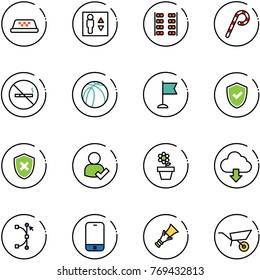line vector icon set - taxi vector, elevator, plane seats, lollipop, no smoking sign, basketball ball, flag, shield check, cross, user, flower pot, download cloud, bezier, mobile phone, dowel
