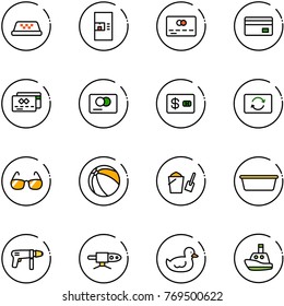 line vector icon set - taxi vector, coffee machine, credit card, exchange, sunglasses, ball, bucket scoop, basin, drill, pipe welding, duck toy, boat