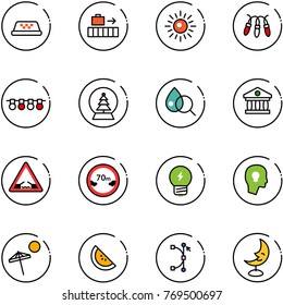 line vector icon set - taxi vector, baggage, sun, garland, snowball tree, blood test, bank, drawbridge road sign, limited distance, idea, head bulb, beach, watermelone, bezier, moon lamp