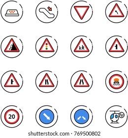 line vector icon set - taxi vector, escalator down, giving way road sign, turn left, landslide, traffic light, children, intersection, narrows, no dangerous cargo, speed limit 20, detour