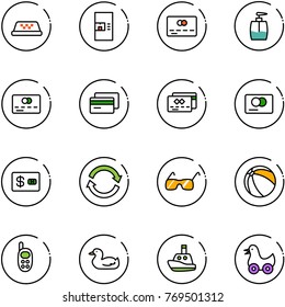 line vector icon set - taxi vector, coffee machine, credit card, liquid soap, refresh, sunglasses, ball, phone toy, duck, boat