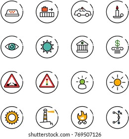 line vector icon set - taxi vector, baggage, safety car, candle, eye, sun, bank, drawbridge road sign, traffic light, idea, lighthouse, fire, bezier