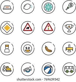 line vector icon set - taxi vector, lemon, slice, money torch, main road sign, tractor way, traffic light, gold cup, king, smile, banana, milling cutter, excavator toy, horn, beach ball, bus