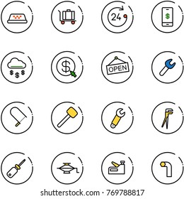 line vector icon set - taxi vector, baggage, 24 hours, mobile payment, money rain, click, open, wrench, fretsaw, rubber hammer, plumber, screwdriver, jack, stapler, allen key