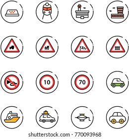 line vector icon set - taxi vector, train, airport building, tractor way road sign, railway intersection, side wind, no horn, speed limit 10, 70, car, cruiser, baggage, jack