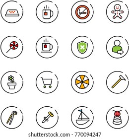 line vector icon set - taxi vector, tea, no smoking sign, cake man, lollipop, shield cross, user login, flower pot, cart, parasol, mason hammer, plumber, nail dowel, sailboat toy, pyramid
