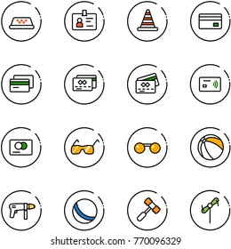 line vector icon set - taxi vector, identity, road cone, credit card, tap pay, sunglasses, ball, drill machine, toy hammer, windmill