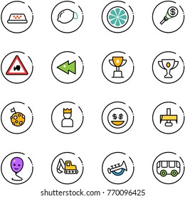 line vector icon set - taxi vector, lemon, slice, money torch, tractor way road sign, fast backward, win cup, gold, moon flag, king, smile, milling cutter, balloon, excavator toy, horn, bus