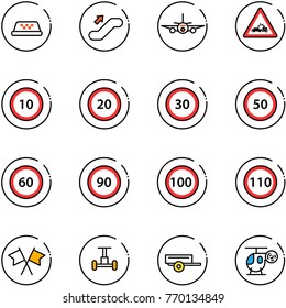 line vector icon set - taxi vector, escalator up, plane, car crash road sign, speed limit 10, 20, 30, 50, 60, 90, 100, 110, flags cross, gyroscope, trailer, helicopter toy