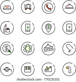 line vector icon set - taxi vector, baggage, phone, client bell, baby room, mobile payment, dollar pin, money click, gear globe, open, fretsaw, jack, tool box, stapler, allen key