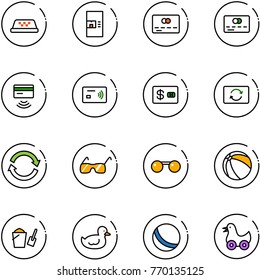 line vector icon set - taxi vector, coffee machine, credit card, tap pay, exchange, refresh, sunglasses, ball, bucket scoop, duck toy
