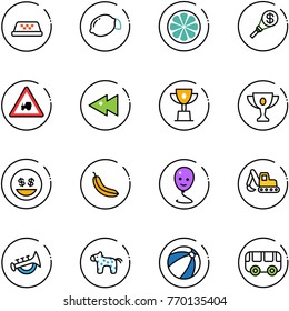 line vector icon set - taxi vector, lemon, slice, money torch, tractor way road sign, fast backward, win cup, gold, smile, banana, balloon, excavator toy, horn, horse, beach ball, bus
