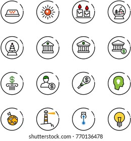 line vector icon set - taxi vector, sun, candle, snowball house, tree, bank, account, money torch, head bulb, moon flag, lighthouse, laser