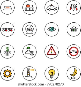 line vector icon set - taxi vector, baggage, safety car, garland, snowball house, eye, bank, account, traffic light road sign, limited distance, sun, lighthouse, bulb, moon lamp