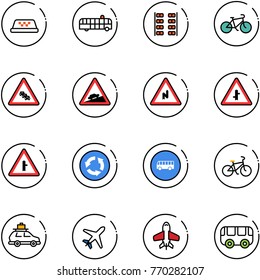 line vector icon set - taxi vector, airport bus, plane seats, bike, multi lane traffic road sign, climb, abrupt turn right, intersection, circle, car baggage, toy