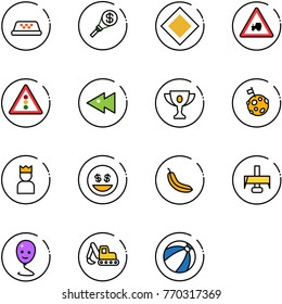 line vector icon set - taxi vector, money torch, main road sign, tractor way, traffic light, fast backward, gold cup, moon flag, king, smile, banana, milling cutter, balloon, excavator toy