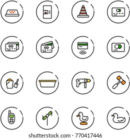 line vector icon set - taxi vector, coffee machine, road cone, credit card, tap pay, bucket scoop, basin, drill, toy hammer, phone, windmill, duck