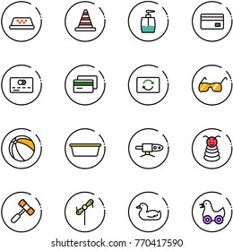 line vector icon set - taxi vector, road cone, liquid soap, credit card, exchange, sunglasses, ball, basin, pipe welding, pyramid toy, hammer, windmill, duck
