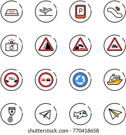 line vector icon set - taxi vector, departure, parking sign, escalator down, terrorism, landslide road, embankment, for moto, limited distance, no overtake, circle, cruiser, piston, paper plane, toy