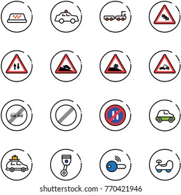 line vector icon set - taxi vector, safety car, baggage truck, multi lane traffic road sign, oncoming, steep descent, roadside, crash, end overtake limit, no, parking even, piston, wireless key