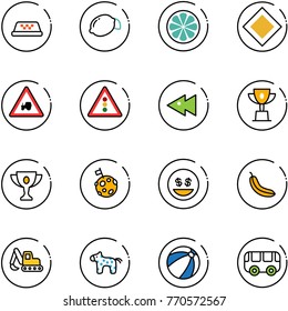 line vector icon set - taxi vector, lemon, slice, main road sign, tractor way, traffic light, fast backward, win cup, gold, moon flag, money smile, banana, excavator toy, horse, beach ball, bus