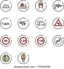 line vector icon set - taxi vector, baggage, train, boarding passengers, small plane, helicopter, encashment car, multi lane traffic road sign, speed limit 60, 120, 130, end overtake, globe