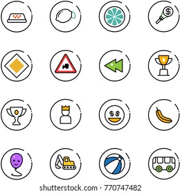 line vector icon set - taxi vector, lemon, slice, money torch, main road sign, tractor way, fast backward, win cup, gold, king, smile, banana, balloon, excavator toy, beach ball, bus