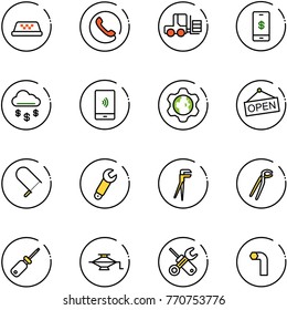 line vector icon set - taxi vector, phone, fork loader, mobile payment, money rain, gear globe, open, fretsaw, wrench, plumber, screwdriver, jack, allen key