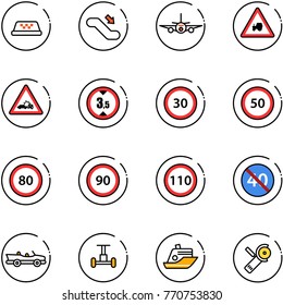 line vector icon set - taxi vector, escalator down, plane, tractor way road sign, car crash, limited height, speed limit 30, 50, 80, 90, 110, end minimal, cabrio, gyroscope, cruiser, Angular grinder