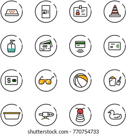 line vector icon set - taxi vector, coffee machine, identity, road cone, liquid soap, credit card, tap pay, sunglasses, ball, bucket scoop, basin, pipe welding, pyramid toy, duck
