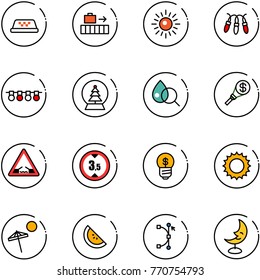 line vector icon set - taxi vector, baggage, sun, garland, snowball tree, blood test, money torch, drawbridge road sign, limited height, business idea, beach, watermelone, bezier, moon lamp