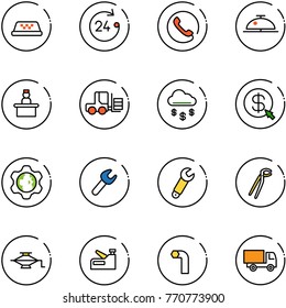 line vector icon set - taxi vector, 24 hours, phone, client bell, recieptionist, fork loader, money rain, click, gear globe, wrench, plumber, jack, stapler, allen key, truck toy