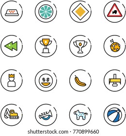 line vector icon set - taxi vector, lemon slice, main road sign, tractor way, fast backward, win cup, gold, moon flag, king, money smile, banana, milling cutter, excavator toy, horn, horse